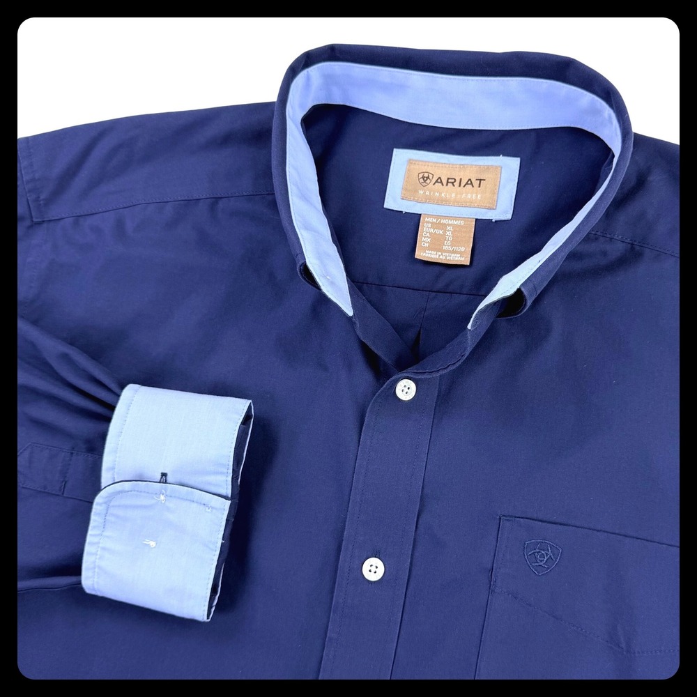 Ariat Western Shirt Men XL Navy Blue Cotton Long Sleeve Button Down Flip Cuff